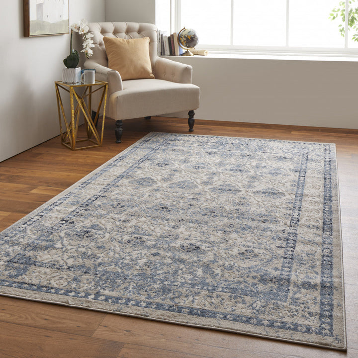 8 X 10 Blue And Ivory Geometric Power Loom Distressed Area Rug Image 9