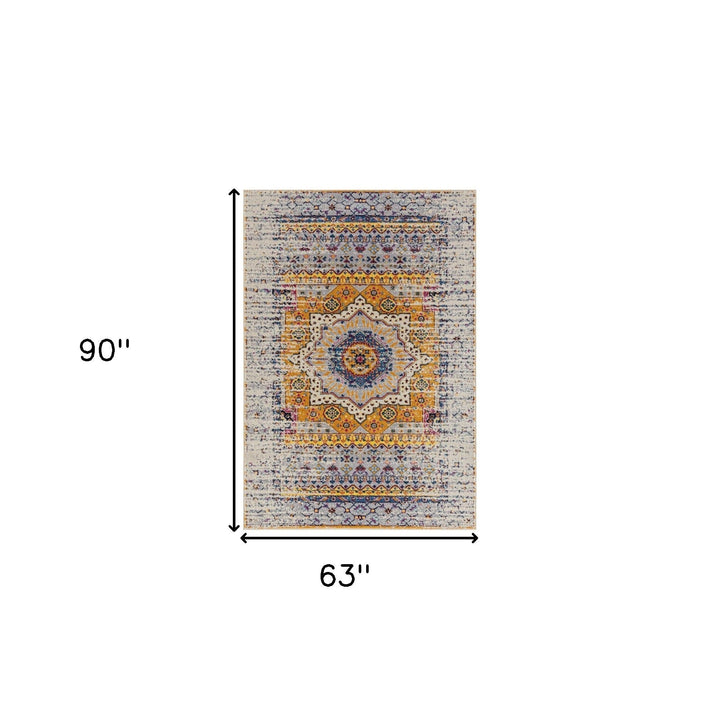 5 x 8 Blue and Orange Medallion Power Loom Area Rug Image 3