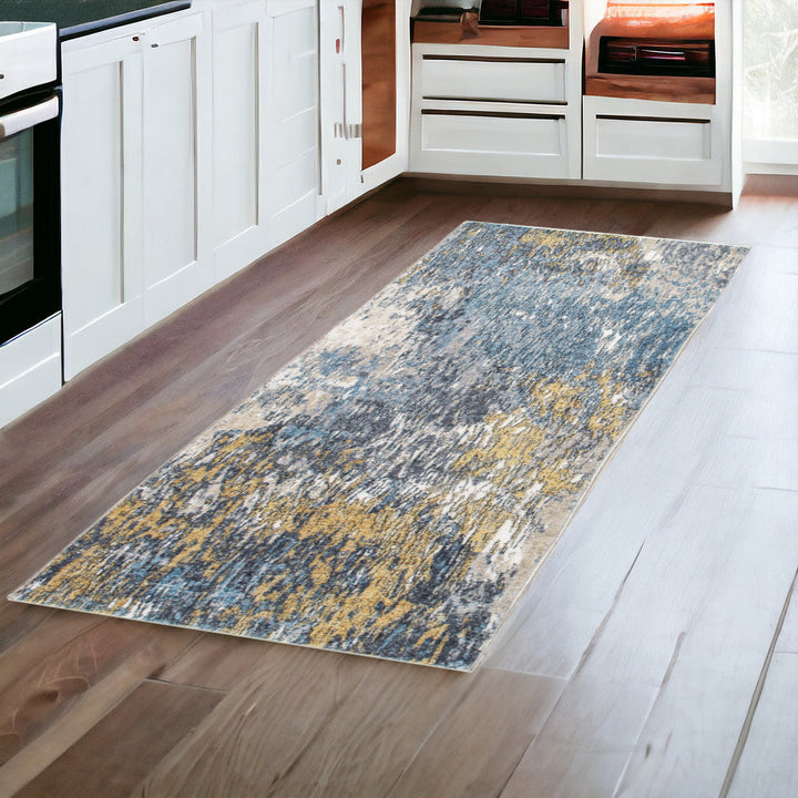 8 Runner Blue and Gold Abstract Runner Rug Image 1