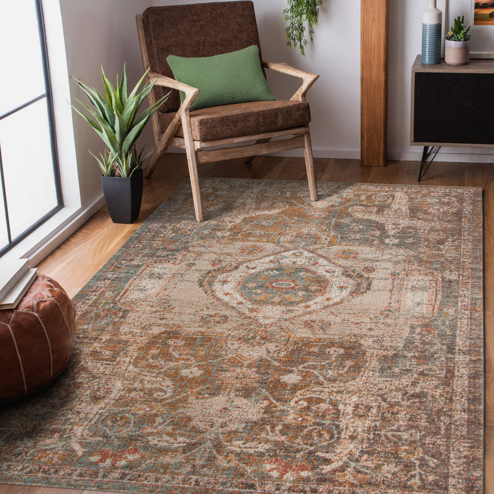 7 Taupe Medallion Power Loom Runner Rug With Fringe Image 2