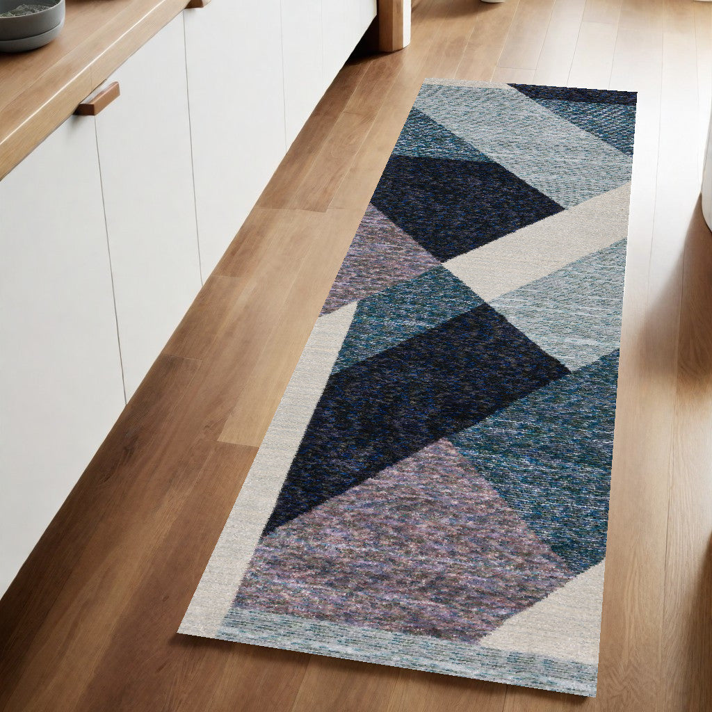 8 Runner Blue Purple Grey and Teal Geometric Power Loom Runner Rug Image 1