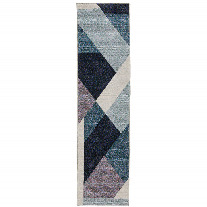 8 Runner Blue Purple Grey and Teal Geometric Power Loom Runner Rug Image 2