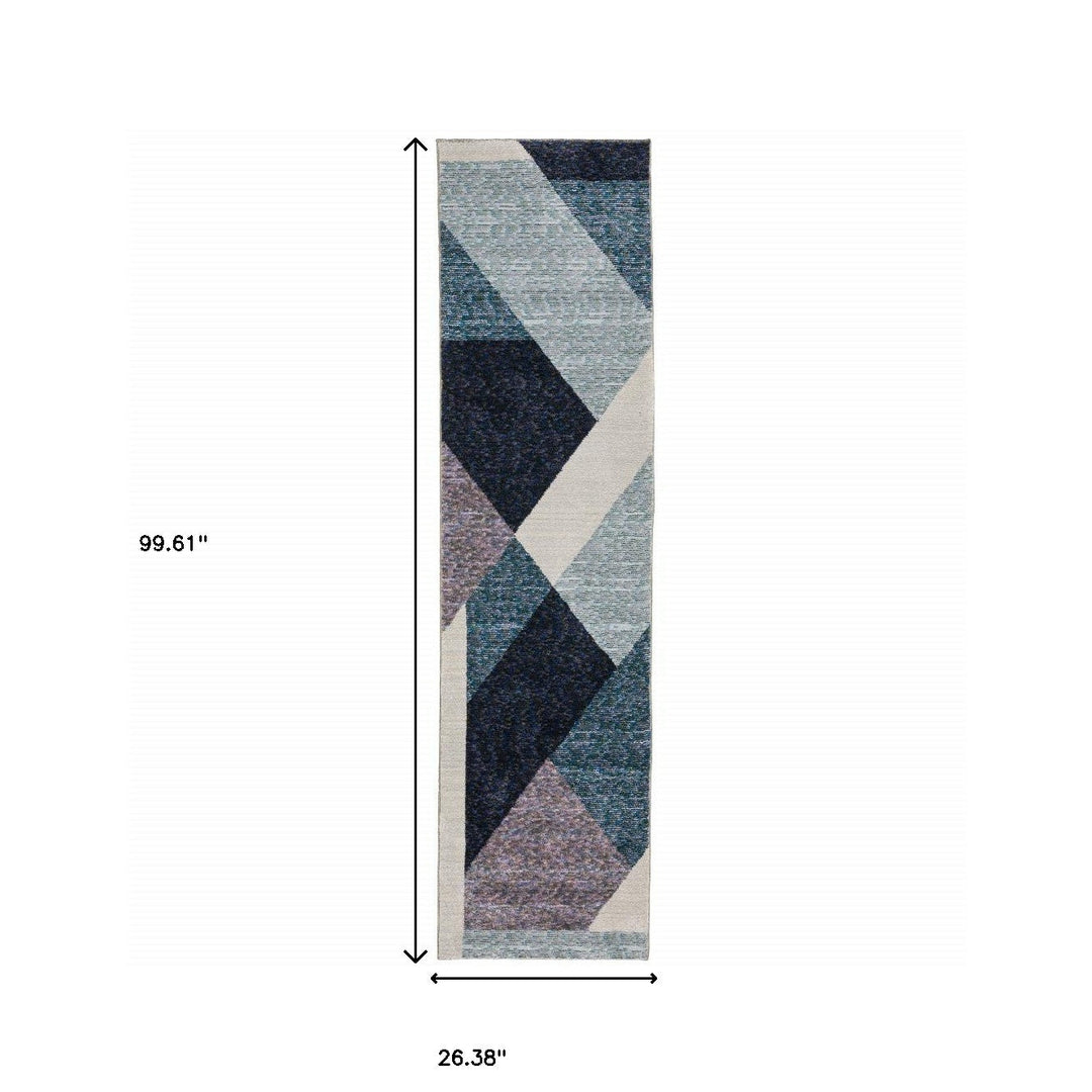 8 Runner Blue Purple Grey and Teal Geometric Power Loom Runner Rug Image 3