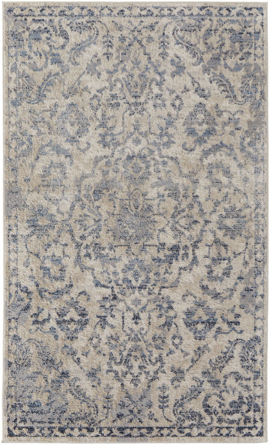 8 X 10 Blue Gray And Ivory Floral Power Loom Distressed Area Rug Image 1