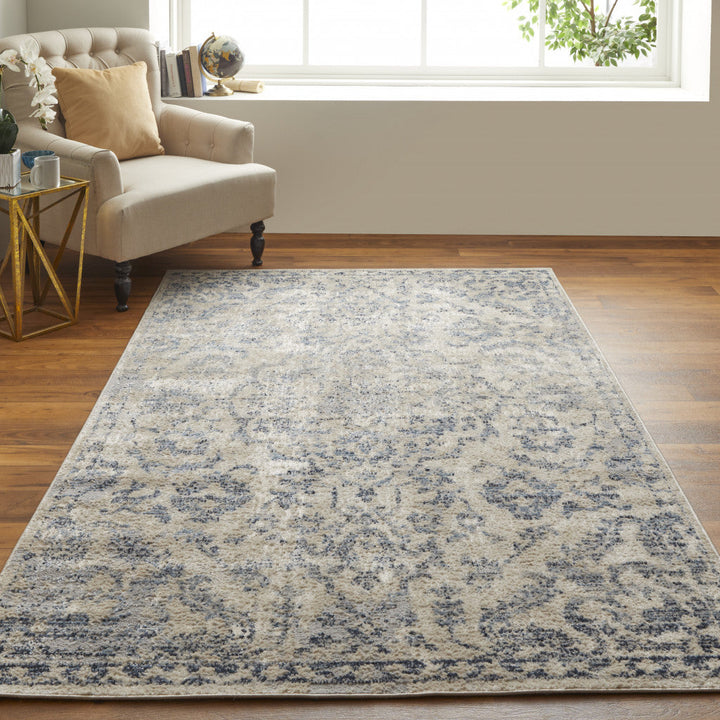 8 X 10 Blue Gray And Ivory Floral Power Loom Distressed Area Rug Image 9