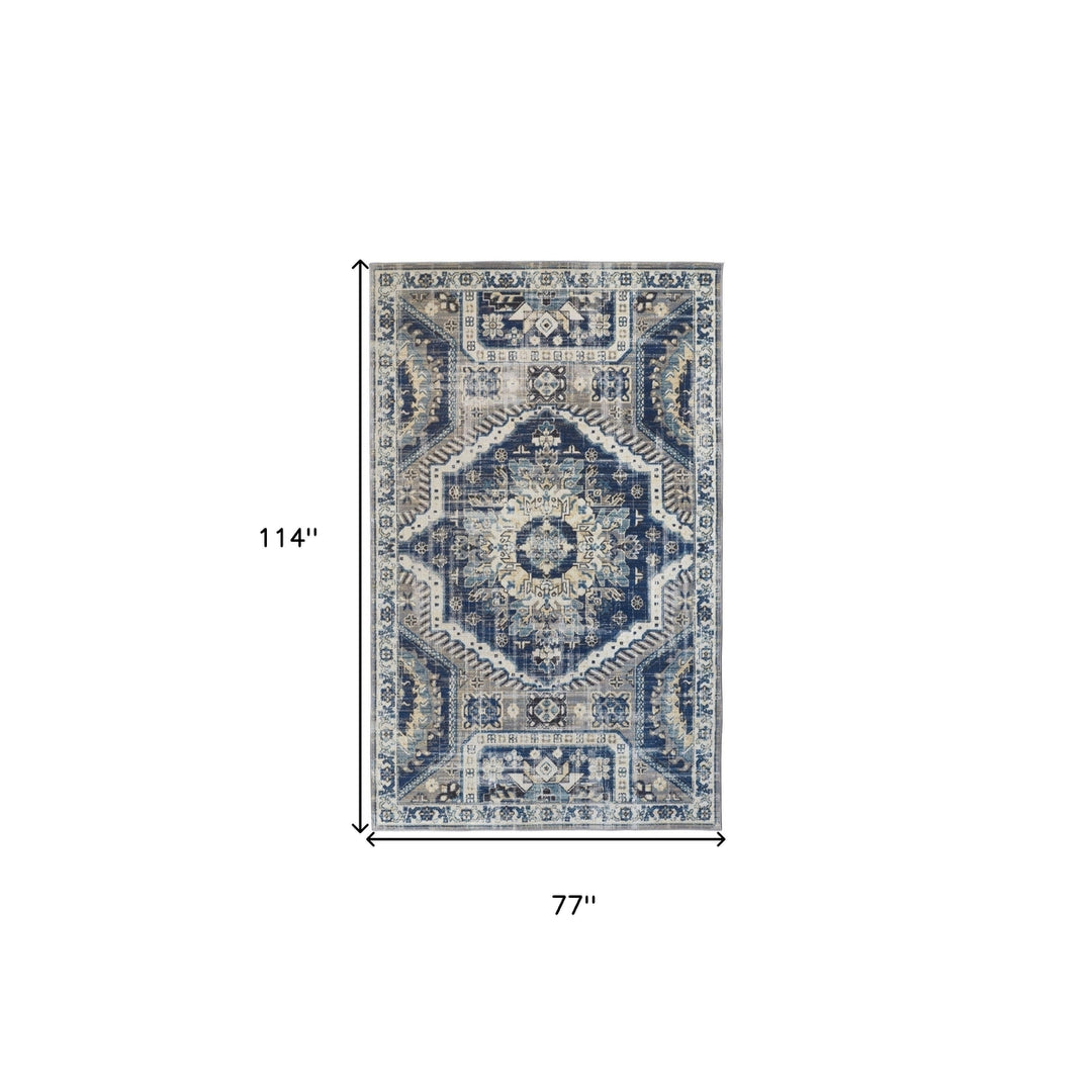 7 X 10 Blue And Ivory Abstract Power Loom Distressed Stain Resistant Area Rug Image 1