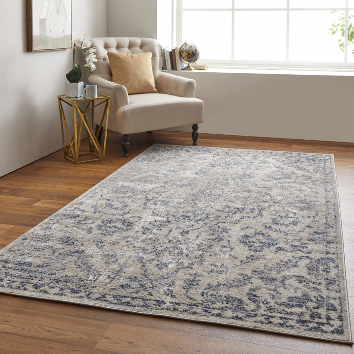 8 X 10 Blue Gray And Ivory Floral Power Loom Distressed Area Rug Image 10