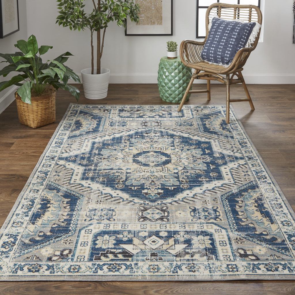 7 X 10 Blue And Ivory Abstract Power Loom Distressed Stain Resistant Area Rug Image 3