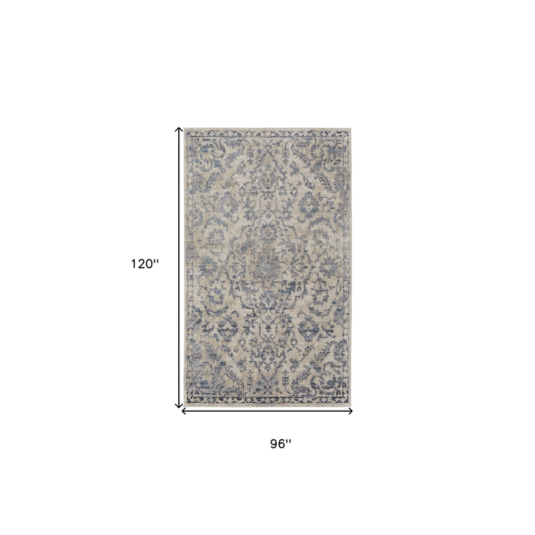 8 X 10 Blue Gray And Ivory Floral Power Loom Distressed Area Rug Image 12