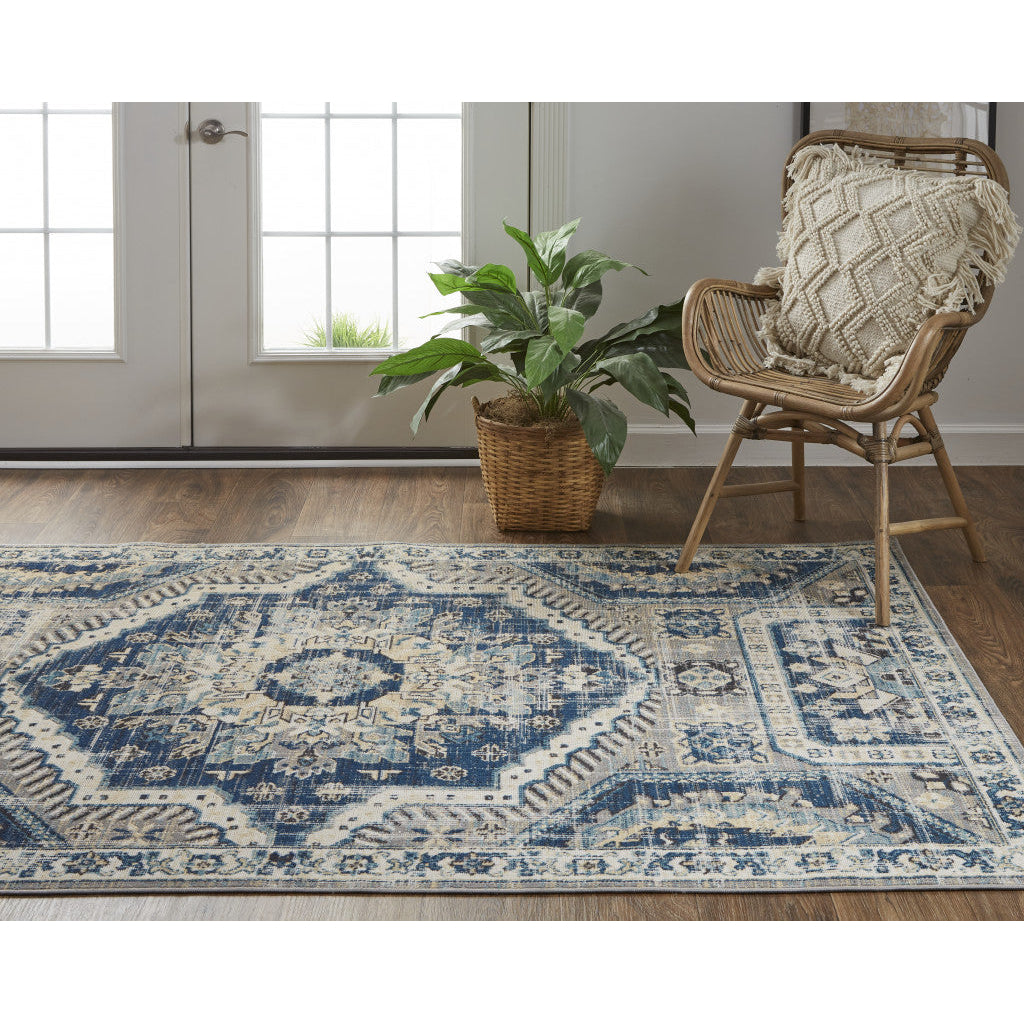 7 X 10 Blue And Ivory Abstract Power Loom Distressed Stain Resistant Area Rug Image 12