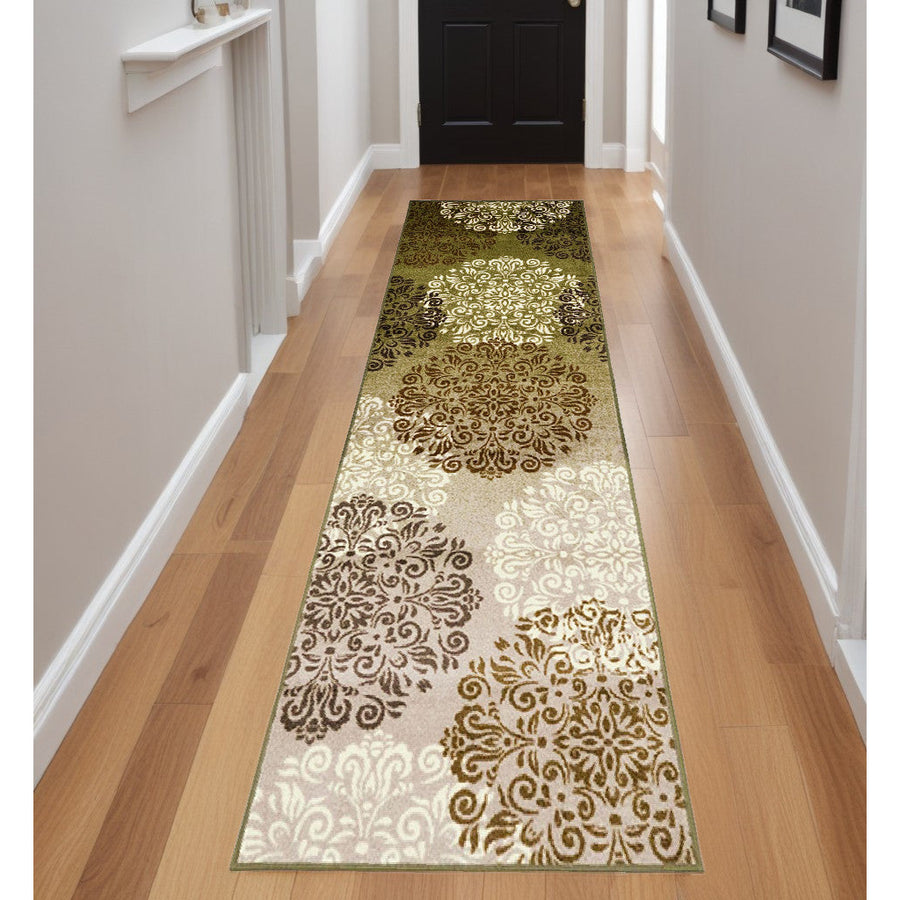 8 Runner Green and Brown Floral Medallion Power Loom Washable Non Skid Runner Rug Image 1