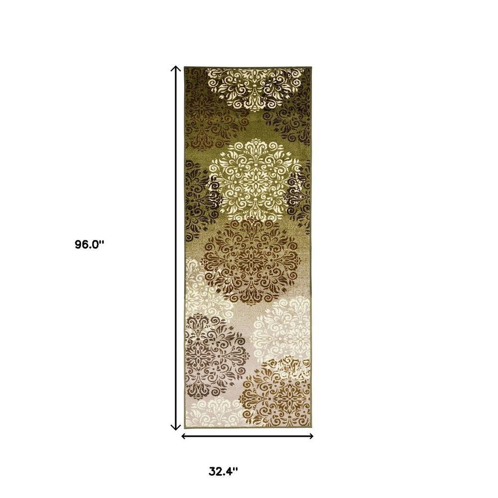 8 Runner Green and Brown Floral Medallion Power Loom Washable Non Skid Runner Rug Image 2