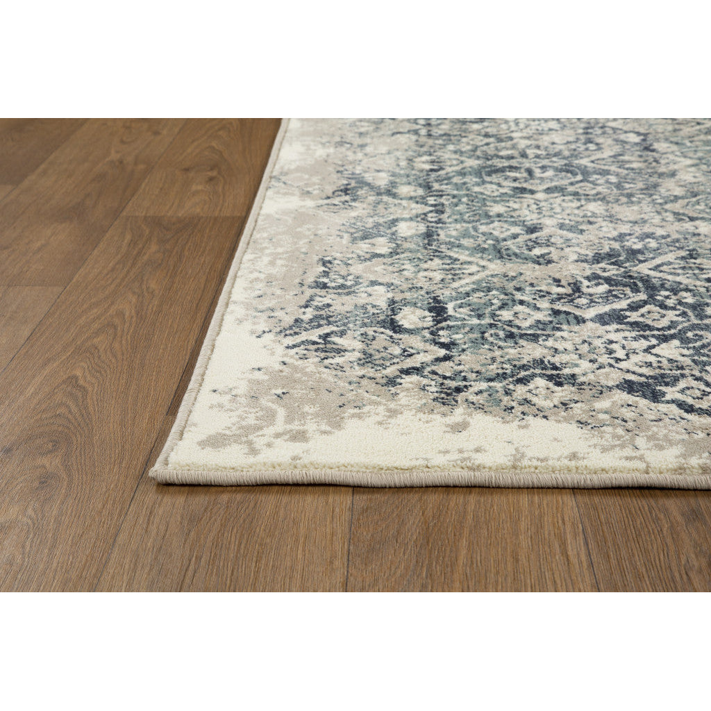 8 Runner Ivory and Blue Oriental Runner Rug Image 2