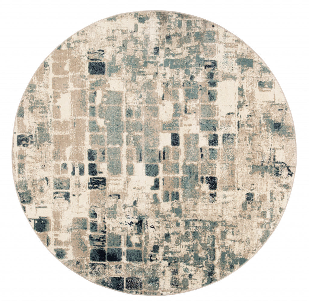 8 Blue and Beige Round Abstract Area Rug Image 1