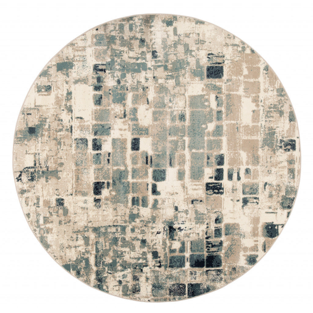 8 Blue and Beige Round Abstract Area Rug Image 2