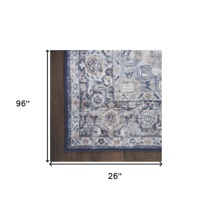 8 Blue and Ivory Floral Power Loom Distressed Washable Runner Rug Image 5