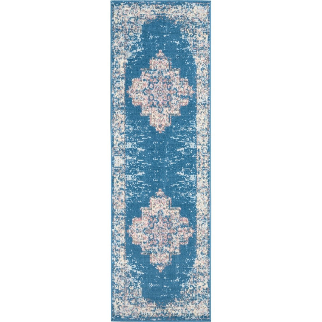 8 Blue Damask Power Loom Runner Rug Image 1