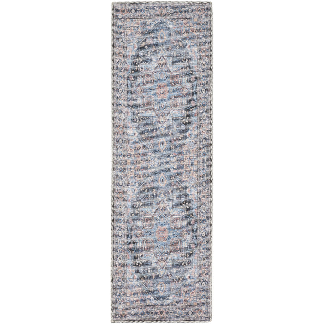 8 Blue Floral Power Loom Distressed Washable Runner Rug Image 1