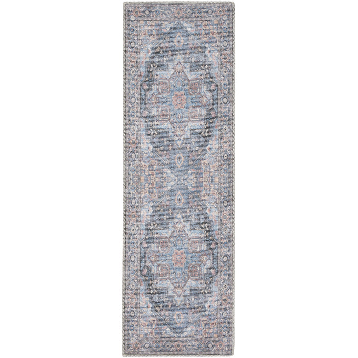 8 Blue Floral Power Loom Distressed Washable Runner Rug Image 1