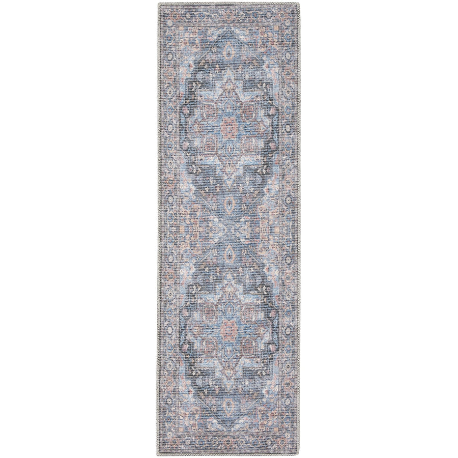 8 Blue Floral Power Loom Distressed Washable Runner Rug Image 1