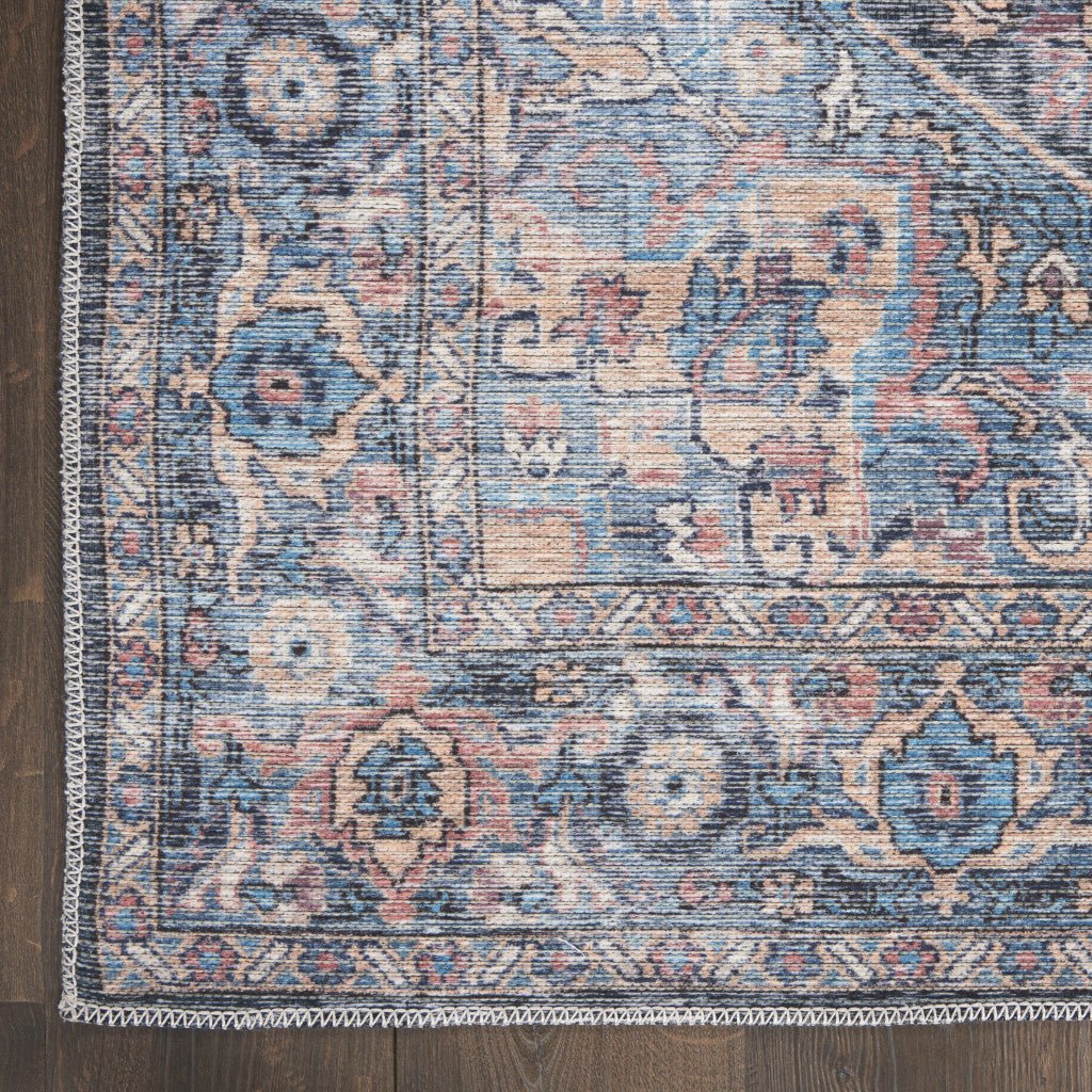 8 Blue Floral Power Loom Distressed Washable Runner Rug Image 3