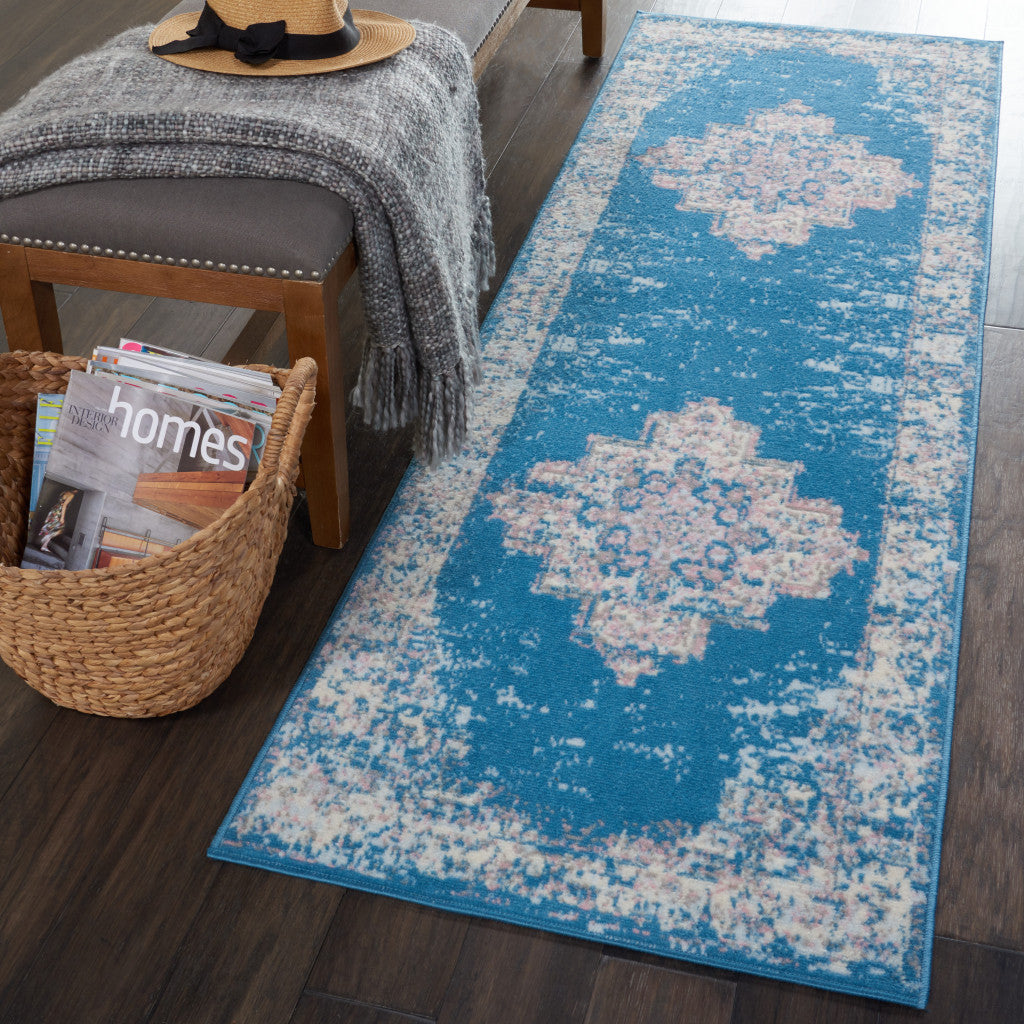 8 Blue Damask Power Loom Runner Rug Image 5