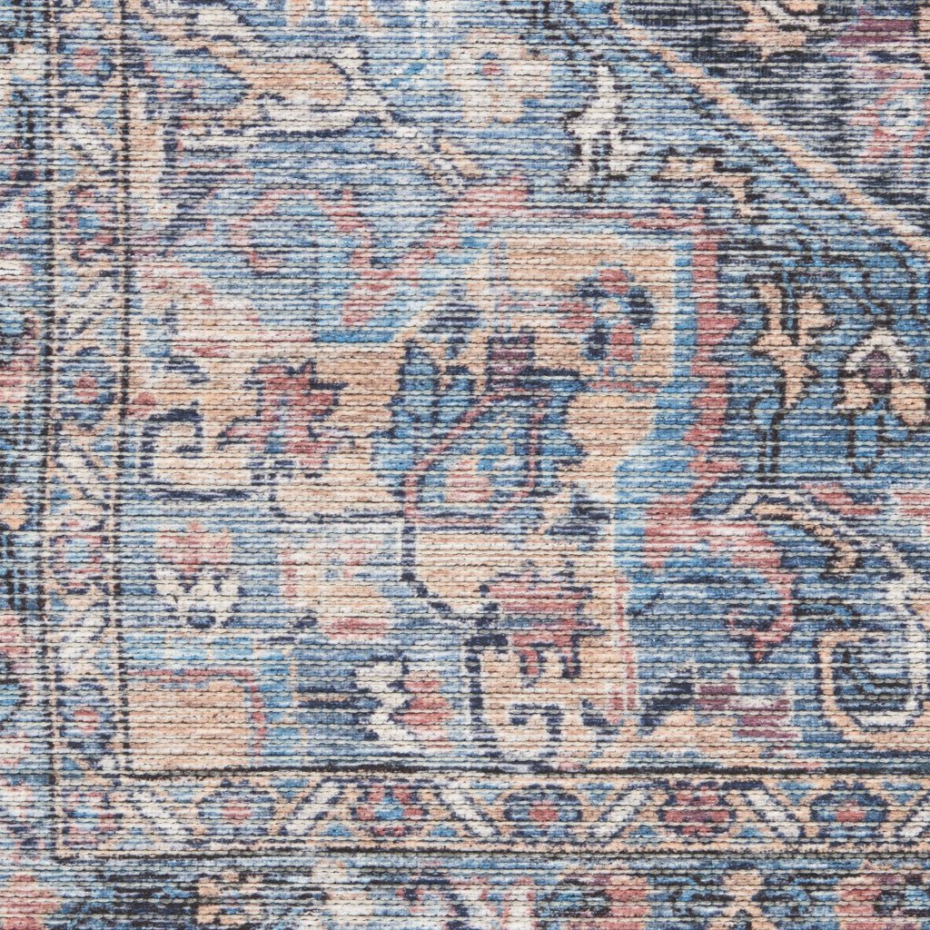 8 Blue Floral Power Loom Distressed Washable Runner Rug Image 4