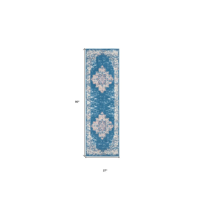 8 Blue Damask Power Loom Runner Rug Image 6