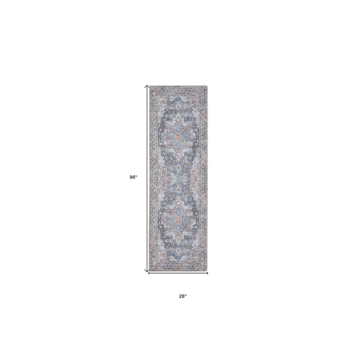 8 Blue Floral Power Loom Distressed Washable Runner Rug Image 7