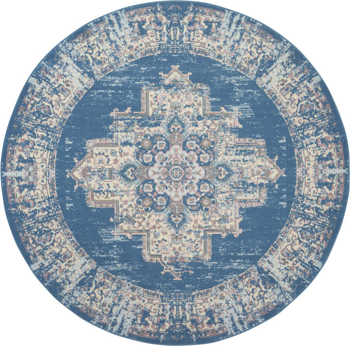 8 Blue Round Damask Power Loom Area Rug Image 1