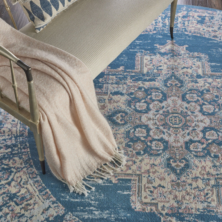 8 Blue Round Damask Power Loom Area Rug Image 6