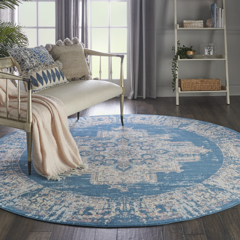 8 Blue Round Damask Power Loom Area Rug Image 7