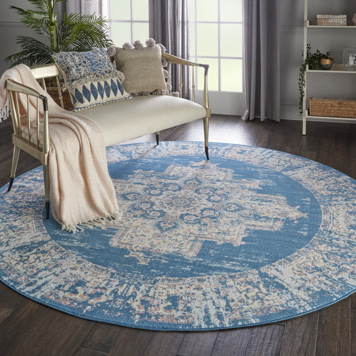 8 Blue Round Damask Power Loom Area Rug Image 8