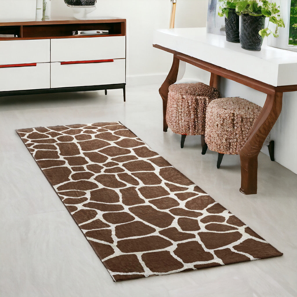 8 Brown and Ivory Animal Print Handmade Non Skid Runner Rug Image 1