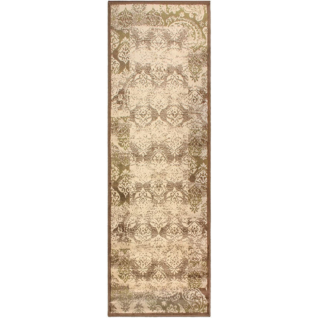 8 Brown Damask Power Loom Distressed Stain Resistant Runner Rug Image 1