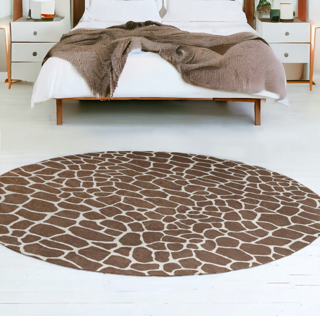 8 Brown and Ivory Round Animal Print Handmade Non Skid Area Rug Image 1