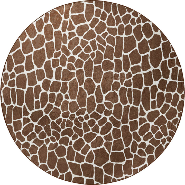 8 Brown and Ivory Round Animal Print Handmade Non Skid Area Rug Image 2