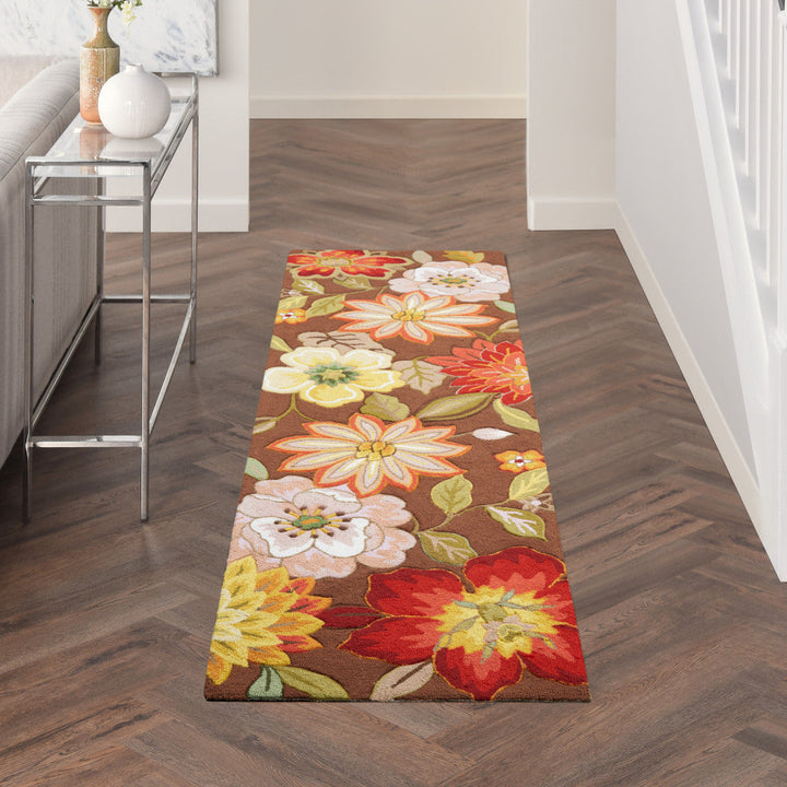 8 Brown Floral Hand Hooked Handmade Runner Rug Image 5