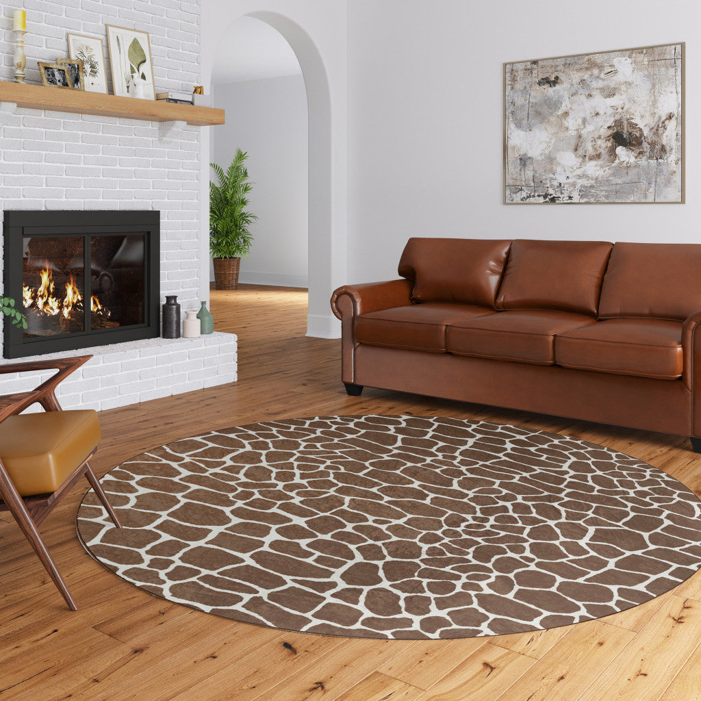 8 Brown and Ivory Round Animal Print Handmade Non Skid Area Rug Image 8