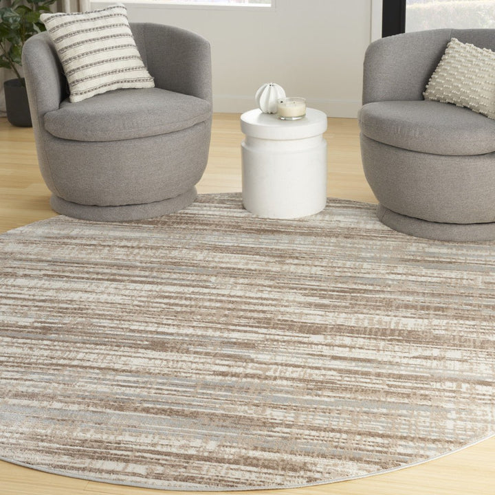 8 Brown Round Abstract Power Loom Area Rug Image 6