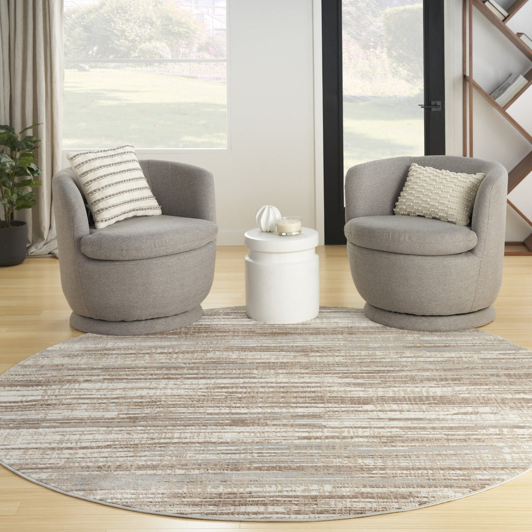 8 Brown Round Abstract Power Loom Area Rug Image 7