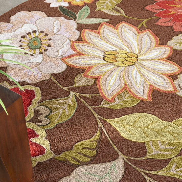 8 Brown Round Floral Hand Hooked Handmade Area Rug Image 5