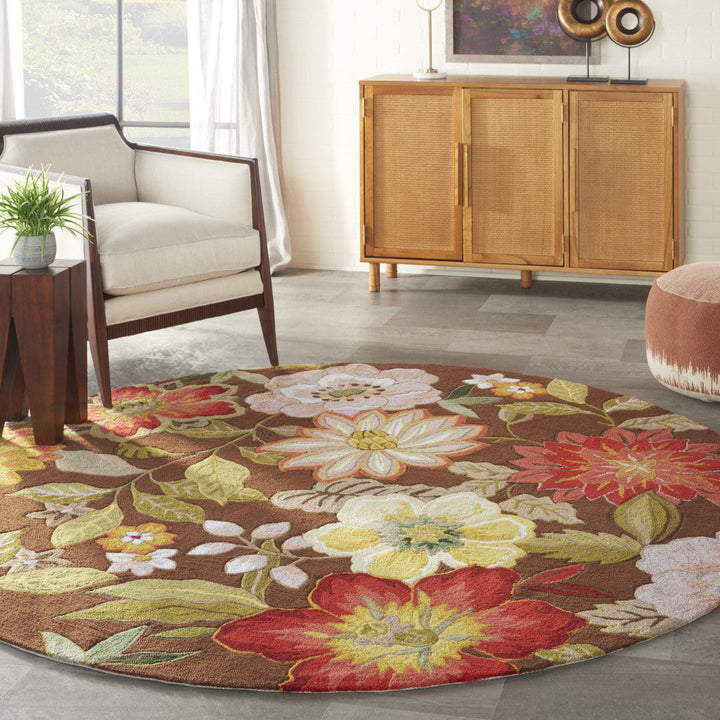 8 Brown Round Floral Hand Hooked Handmade Area Rug Image 8