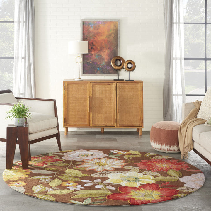 8 Brown Round Floral Hand Hooked Handmade Area Rug Image 9