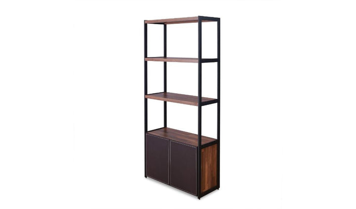 70" Brown and Black Metal Three Tier Bookcase with Two doors Image 1