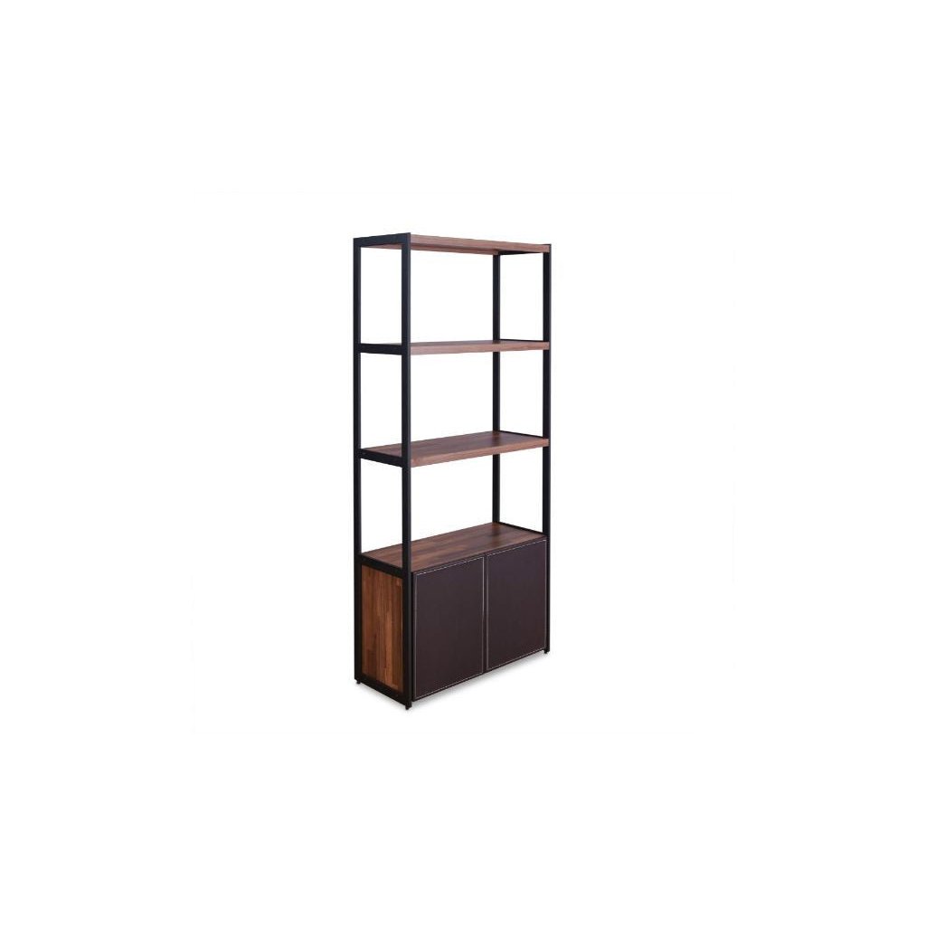 70" Brown and Black Metal Three Tier Bookcase with Two doors Image 4