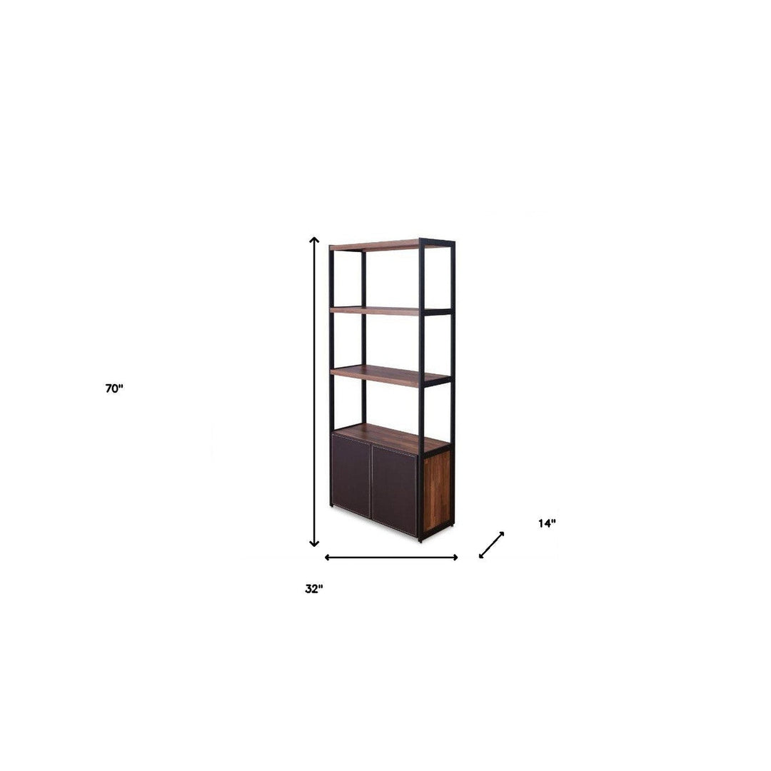 70" Brown and Black Metal Three Tier Bookcase with Two doors Image 5