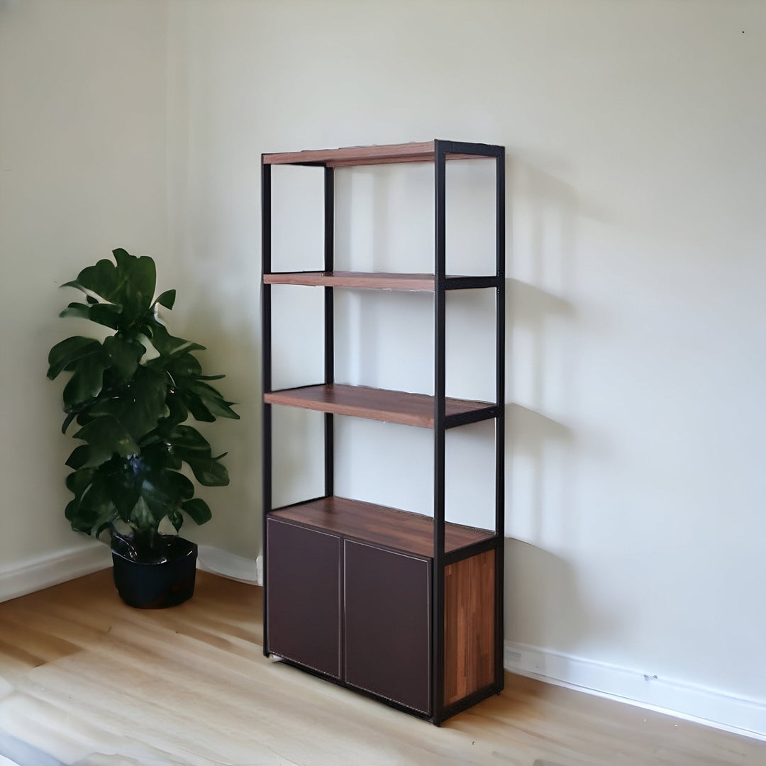 70" Brown and Black Metal Three Tier Bookcase with Two doors Image 6