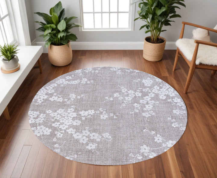 8 Gray and White Round Oriental Non Skid Area Rug Image 1