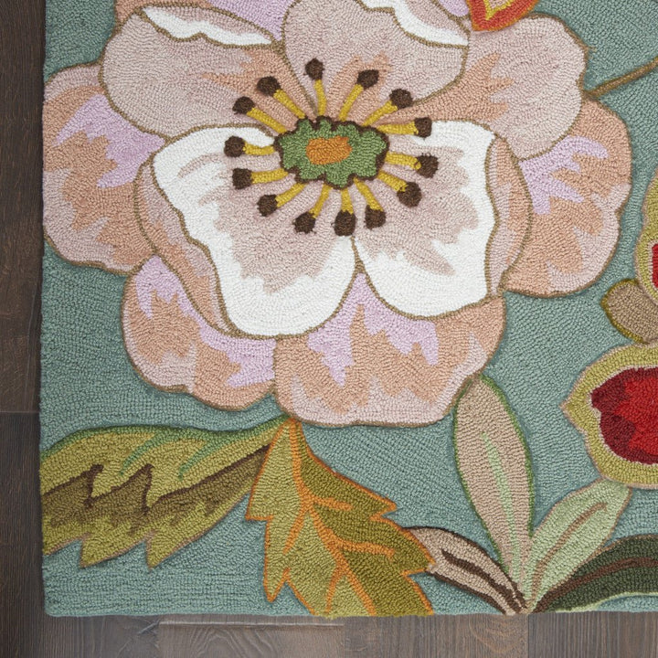 8 Green Floral Hand Hooked Handmade Runner Rug Image 3